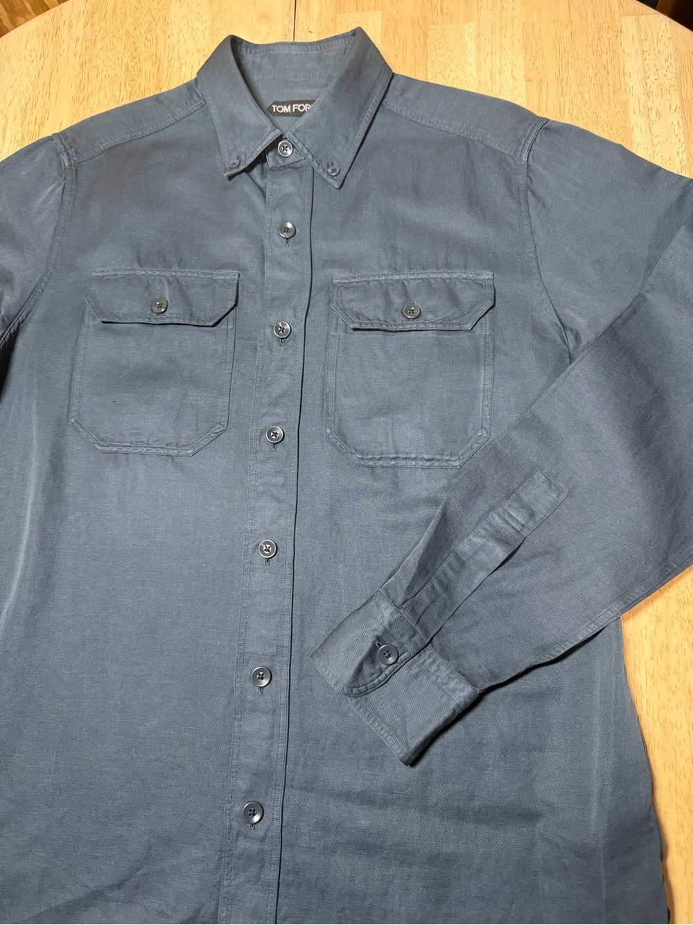 Tom Ford Military Shirt Mens 41 16 Blue Linen Cotton Button Down Luxury Large - Picture 4 of 15